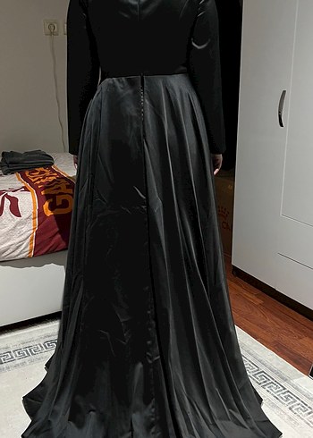 Siyah Drapeli Uzun Kollu Kadın Abiye Elbise - Görsel 6