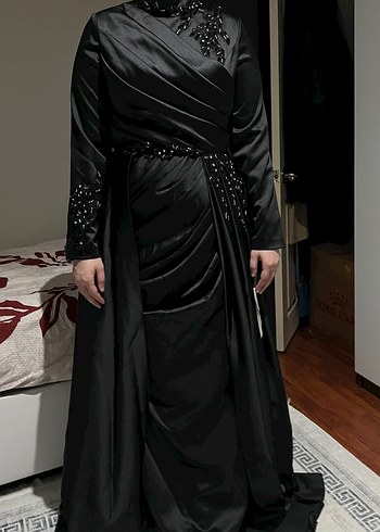 Siyah Drapeli Uzun Kollu Kadın Abiye Elbise - Görsel 2