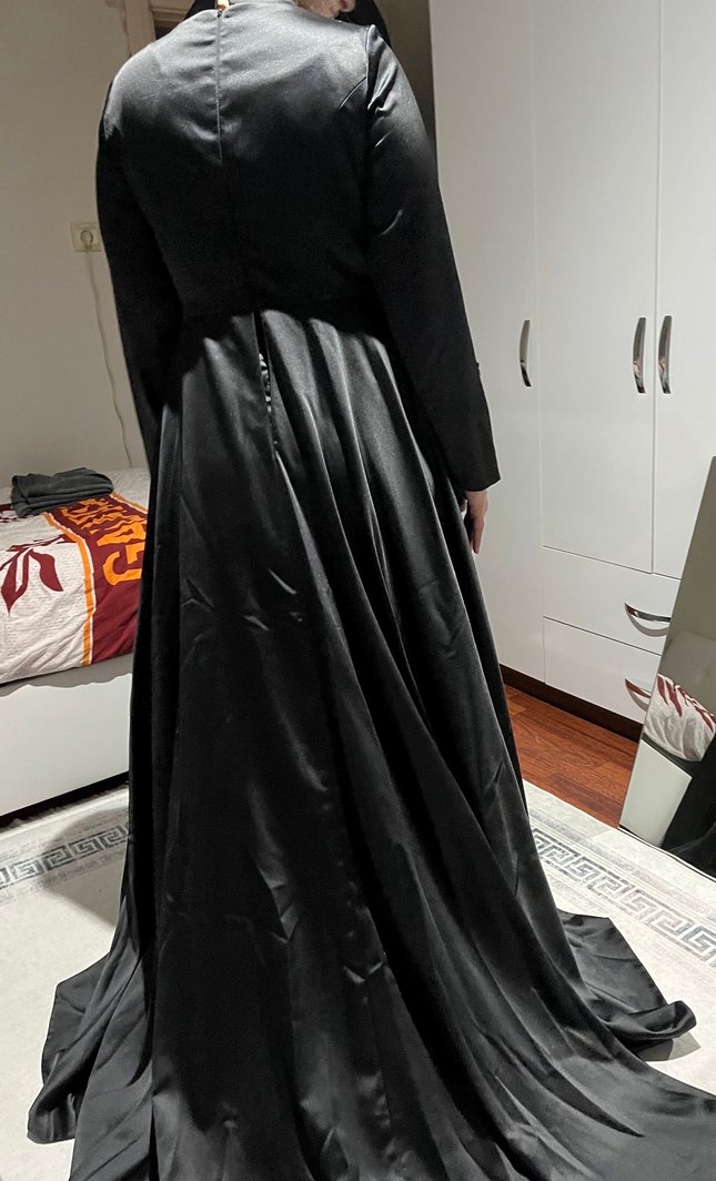Siyah Drapeli Uzun Kollu Kadın Abiye Elbise - Görsel 5