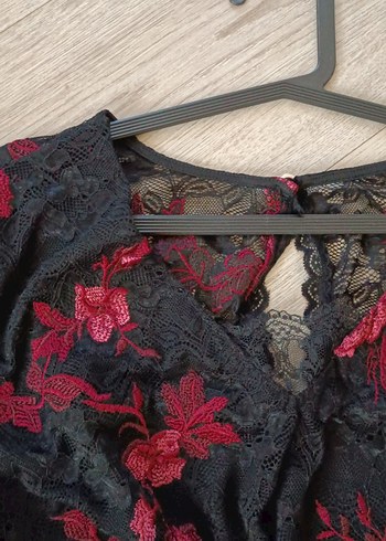 Bordo Çiçek Desenli Dantelli Uzun Abiye Elbise - Görsel 5