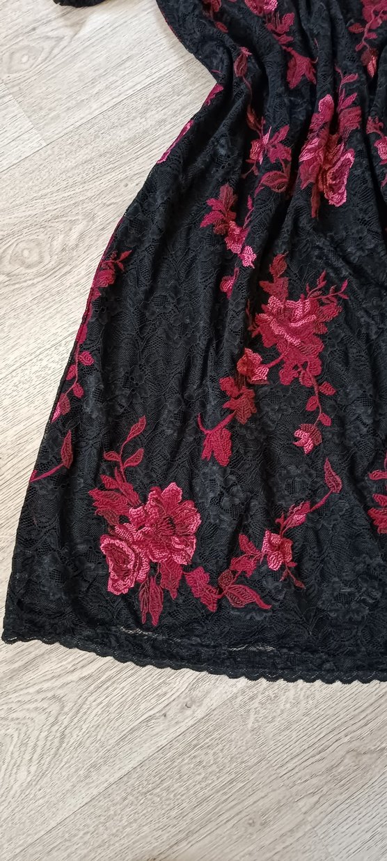 Bordo Çiçek Desenli Dantelli Uzun Abiye Elbise - Görsel 4