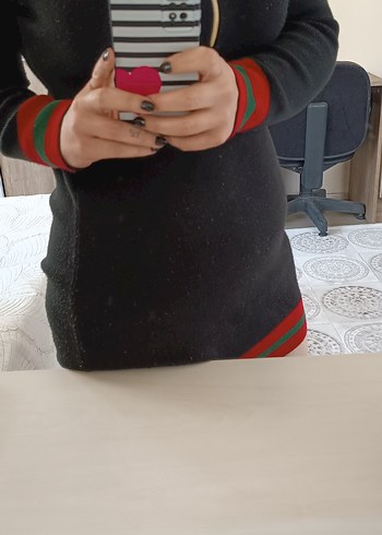 36 Beden siyah Renk Şerit Detaylı Siyah Mini triko elbise