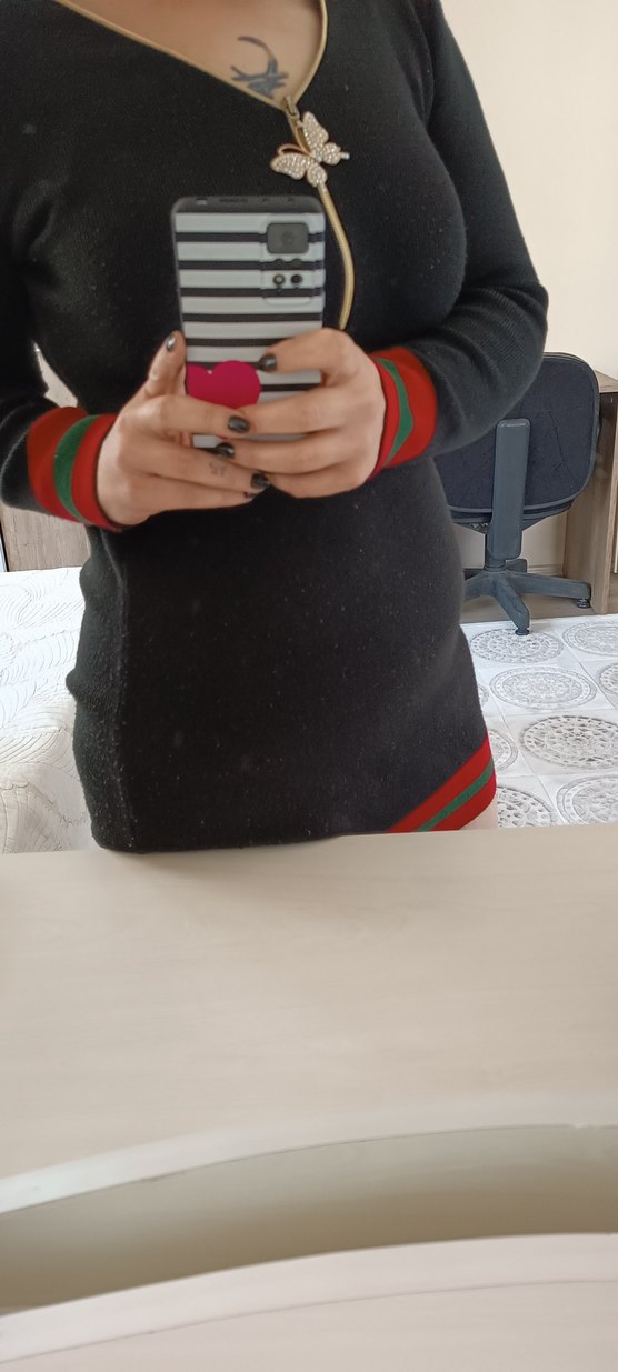 Şerit Detaylı Siyah Mini triko elbise - Görsel 4