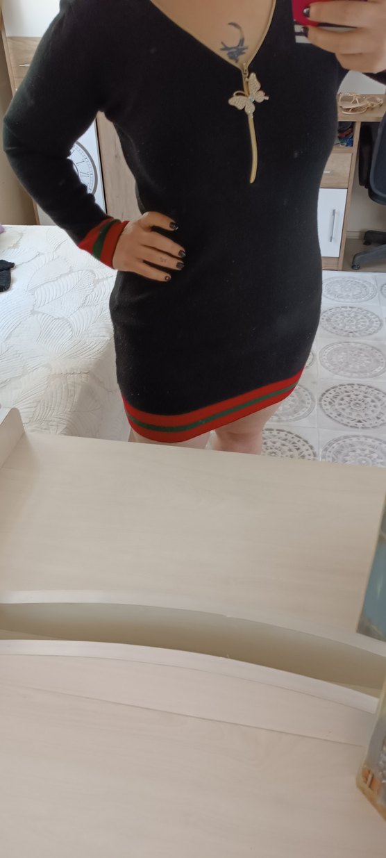 Şerit Detaylı Siyah Mini triko elbise - Görsel 2