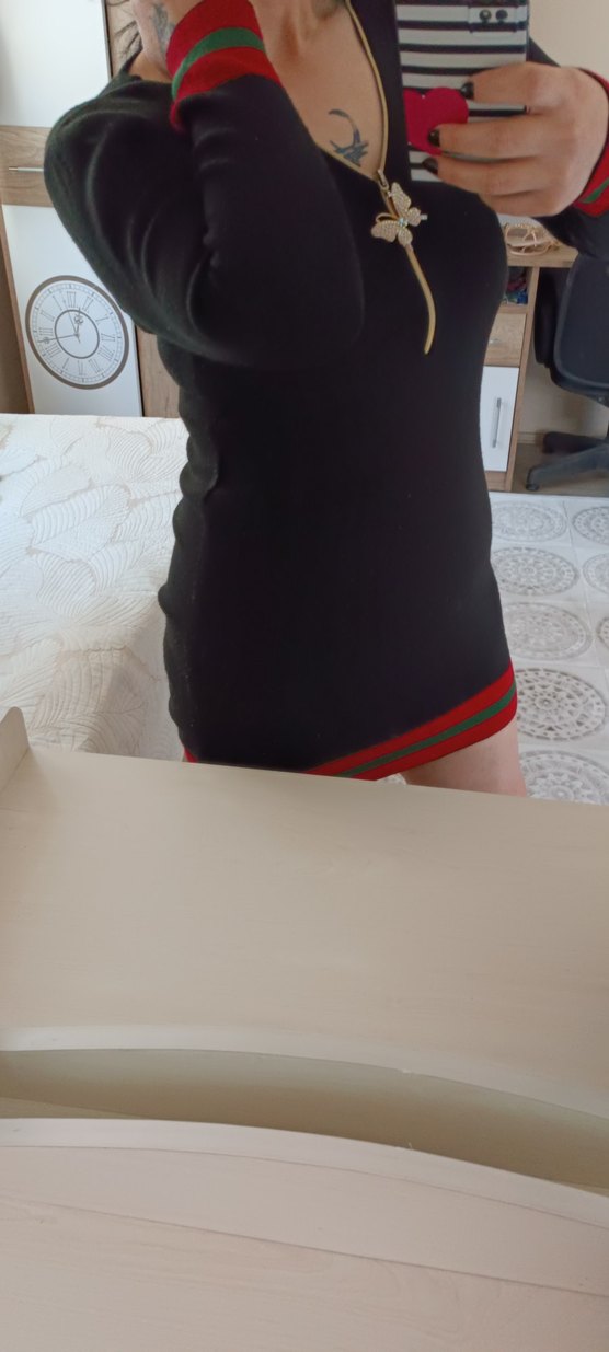 Şerit Detaylı Siyah Mini triko elbise - Görsel 3