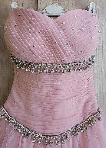 Pudra Pembe Straplez Uzun Abiye Elbise nişan nikah elbisesi - Görsel 9