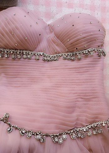 Pudra Pembe Straplez Uzun Abiye Elbise nişan nikah elbisesi - Görsel 7