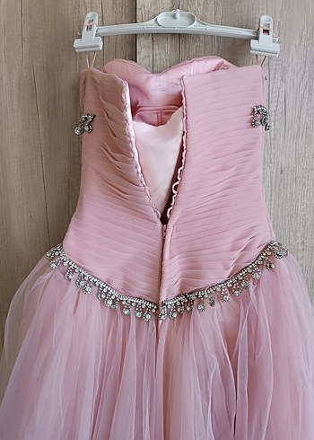 Pudra Pembe Straplez Uzun Abiye Elbise nişan nikah elbisesi - Görsel 3