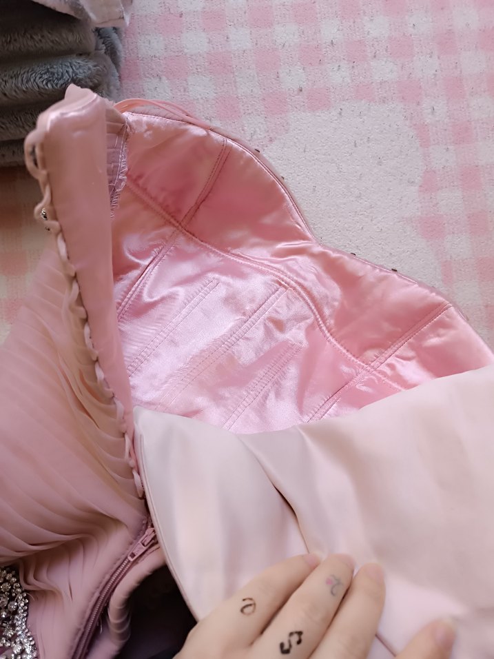 Pudra Pembe Straplez Uzun Abiye Elbise nişan nikah elbisesi - Görsel 5