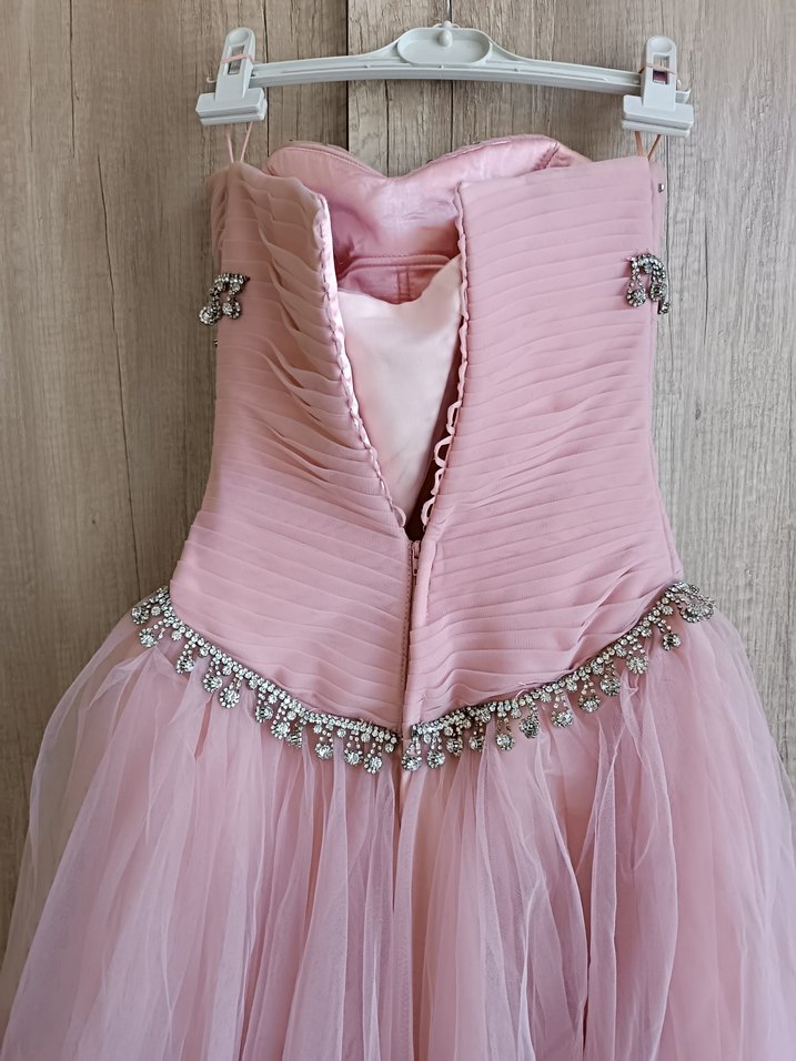 Pudra Pembe Straplez Uzun Abiye Elbise nişan nikah elbisesi - Görsel 3