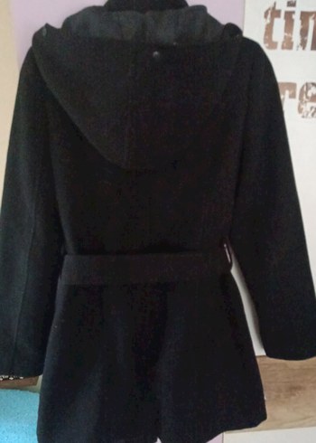 Kapüşonlu Siyah kaşe Kaban - Görsel 4