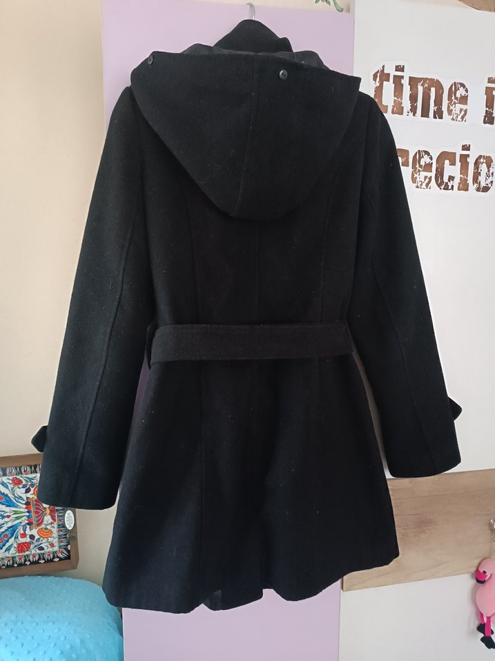 Kapüşonlu Siyah kaşe Kaban - Görsel 2