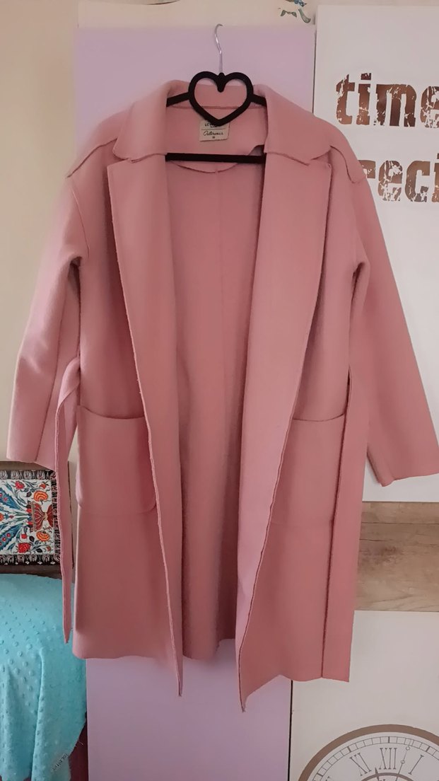 Pembe kaşe Kuşaklı Kadın Uzun Kaban - Görsel 4
