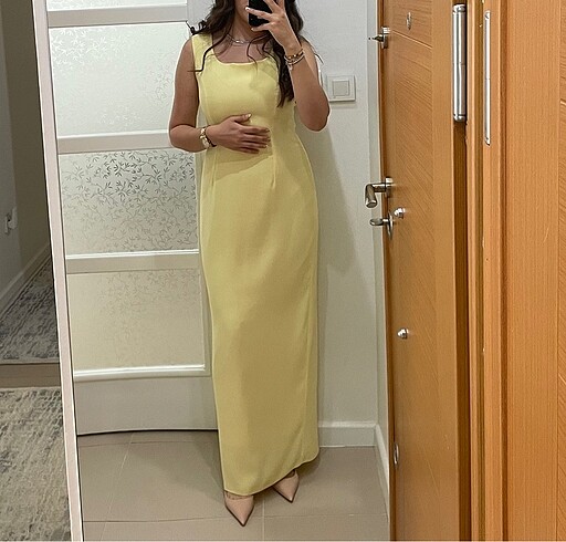 Sarı astarlı askılı elbise maxi boy / butter yellow