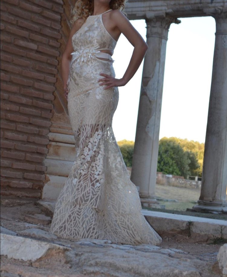 Beyaz Bohem Straplez Balık Abiye - Görsel 2