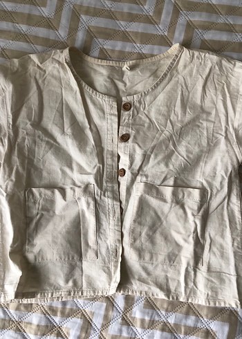 Düğmeli Bej kız cocuk keten takım - Görsel 3