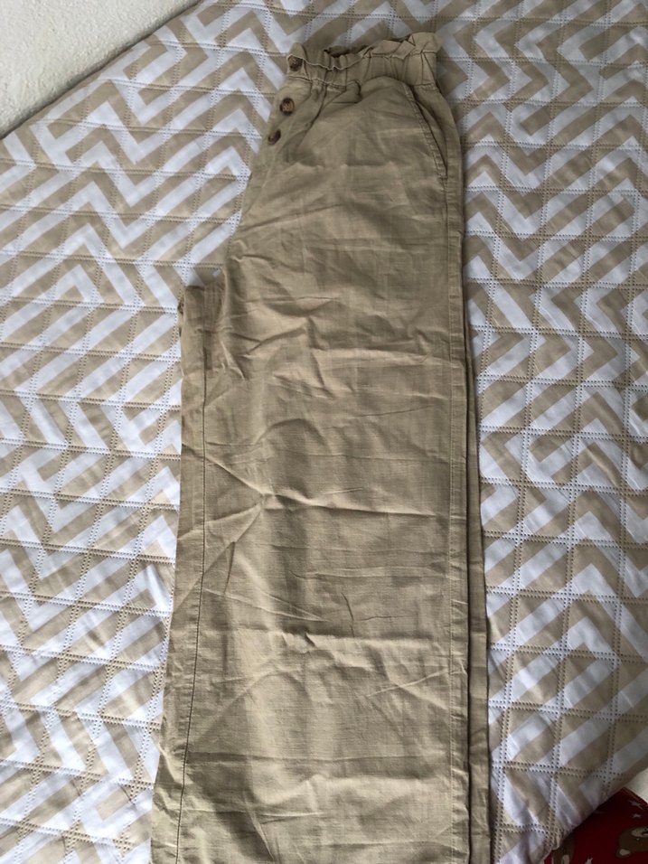 Düğmeli Bej kız cocuk keten takım - Görsel 4