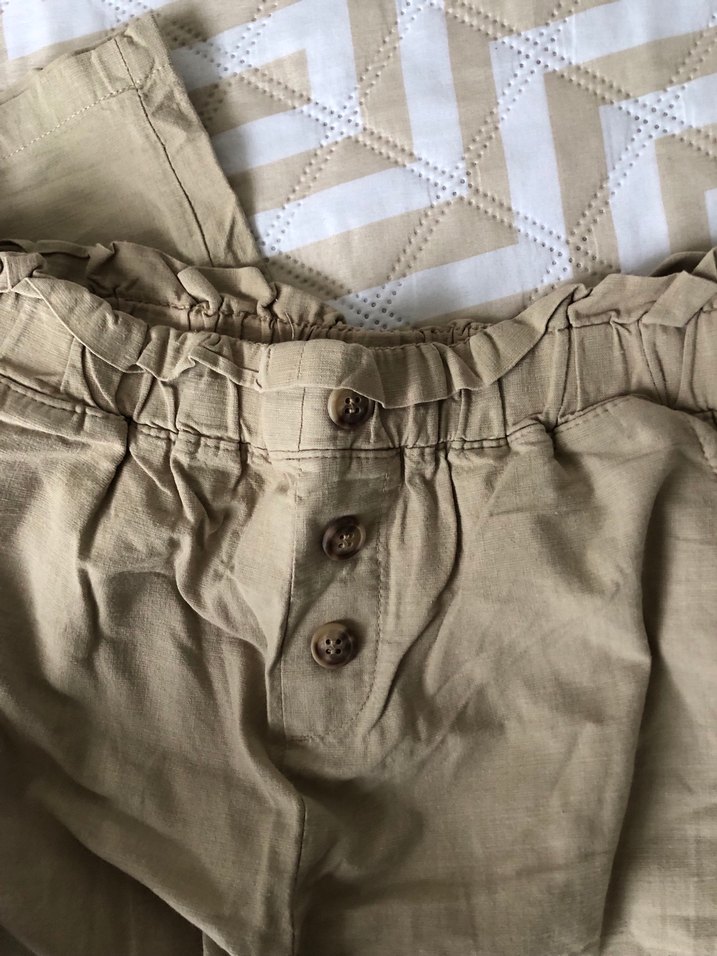 Düğmeli Bej kız cocuk keten takım - Görsel 5