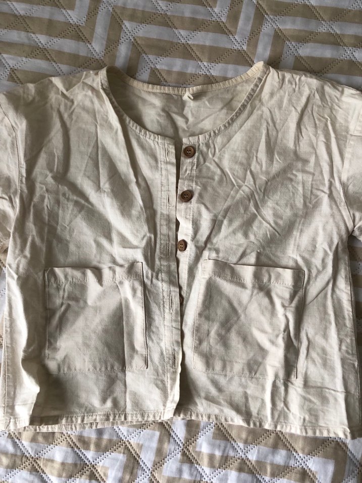 Düğmeli Bej kız cocuk keten takım - Görsel 3