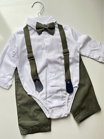 6-9 Ay Beden haki Renk Askılı zıbın gömlekli papyonlu pantolon 4 lü set