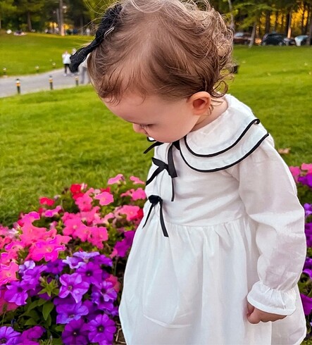 24-36 Ay Beden beyaz Renk Bebe yaka Kurdeleli Astarlı Parti Elbisesi