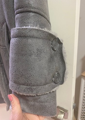 Stradivarius Gri Süet Kürklü Kadın Ceket - Görsel 4