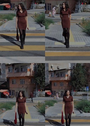 Diğer V Yaka Kahverengi Kısa Kollu Mini Elbise
