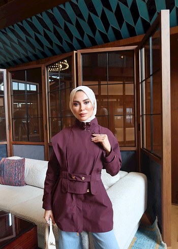 Bordo Kemerli Midi Boy Kadın Trençkot - Görsel 2