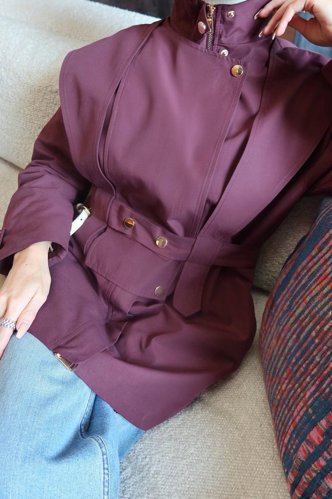 Bordo Kemerli Midi Boy Kadın Trençkot - Görsel 3