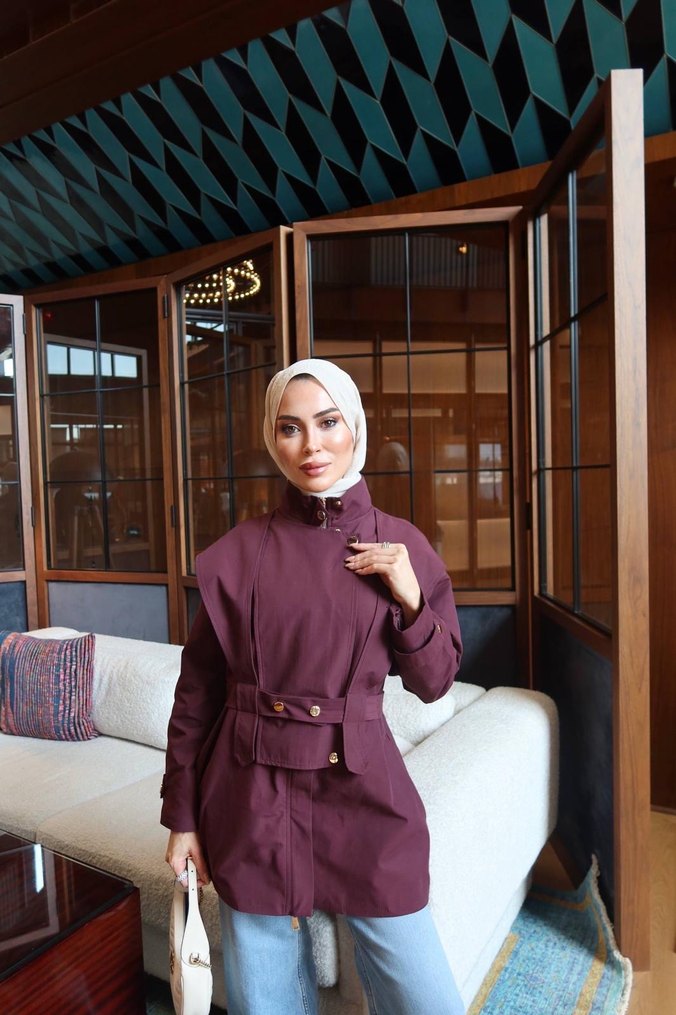 Bordo Kemerli Midi Boy Kadın Trençkot - Görsel 2