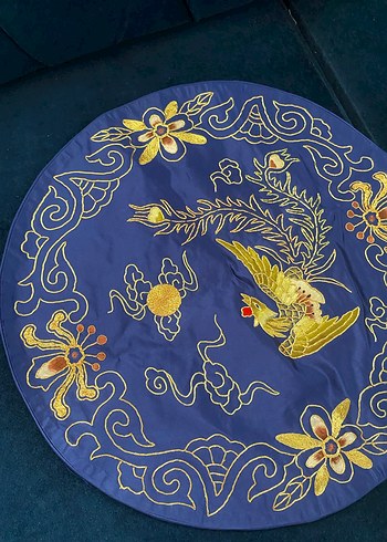 İşlemeli Mavi Yuvarlak Kırlent Kılıfı - Görsel 2