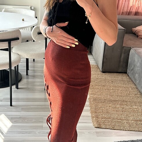 s Beden bordo Renk Yırtmaçlı Kalem Etek