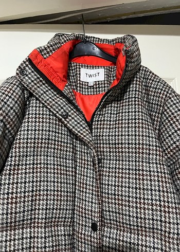 Düğmeli Gri Ekose Kadın mont - Görsel 3