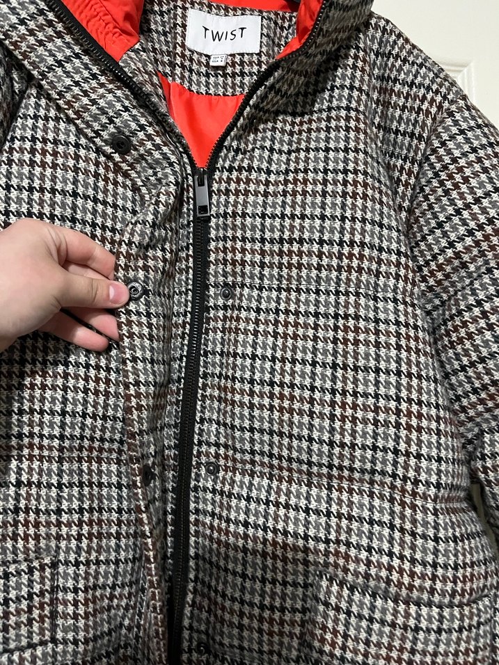 Düğmeli Gri Ekose Kadın mont - Görsel 4