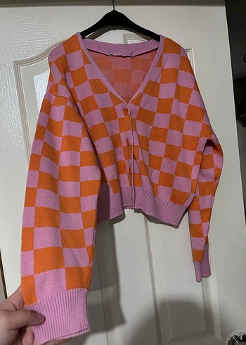 Pembe Turuncu Kareli Kadın Hırka - Görsel 2