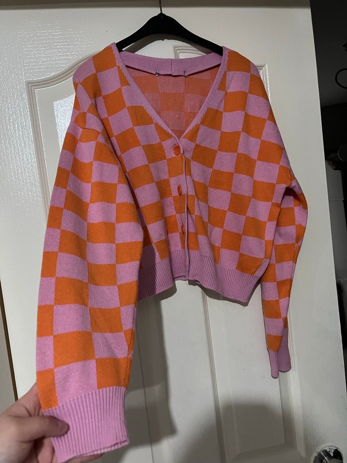 Pembe Turuncu Kareli Kadın Hırka - Görsel 2