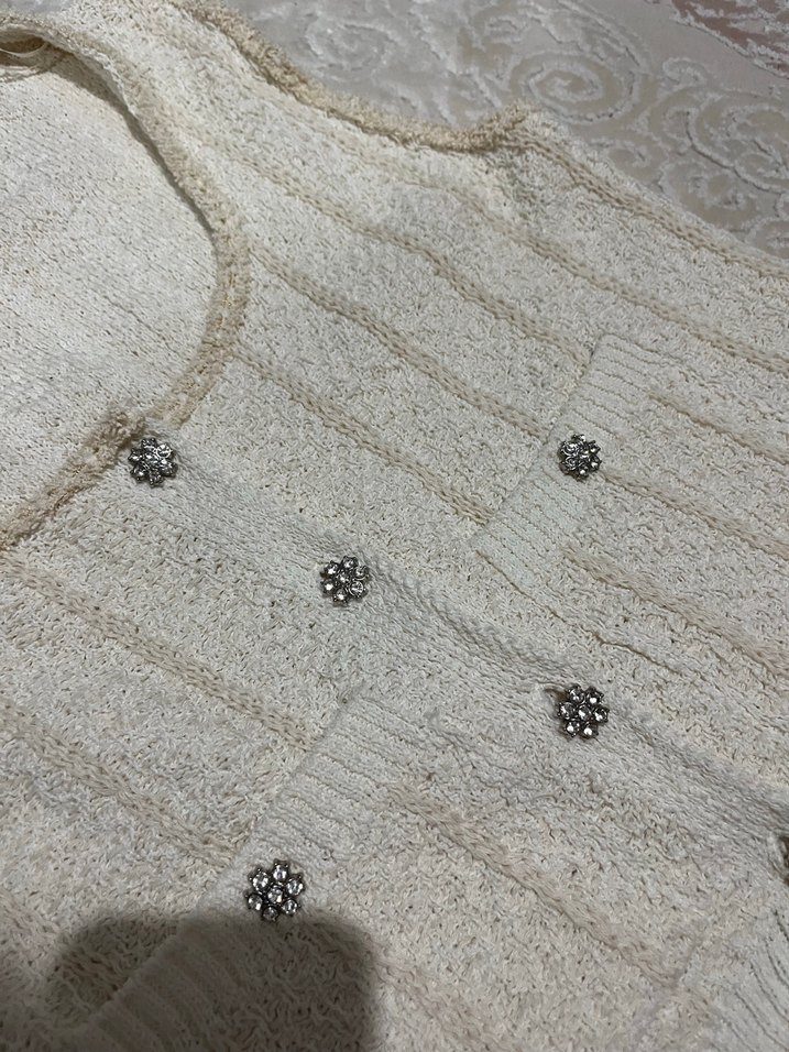 Nakışlı Bohem Beyaz Örgü Kadın Yelek - Görsel 3