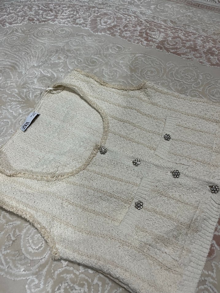 Nakışlı Bohem Beyaz Örgü Kadın Yelek - Görsel 2