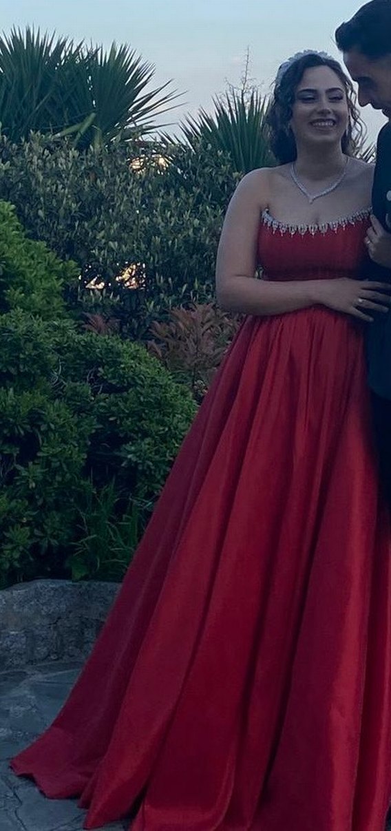 Uzun Kırmızı Dökümlü Straplez Kadın Abiye - Görsel 2