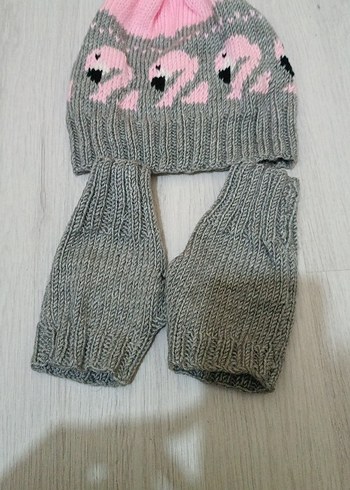 5-8 Yaş, 22 cm Beden gri Renk Gri Pembe Kuğu Nakışlı Çocuk Bere ve Eldiven