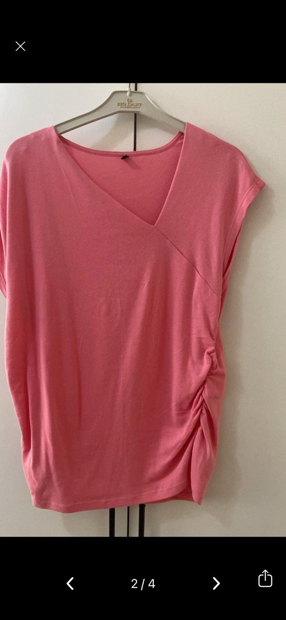 Pembe V Yakalı Kısa Kollu Kadın Bluz - Görsel 2