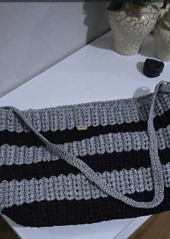 Gri Çizgili Örgü Kadın Çanta - Görsel 3