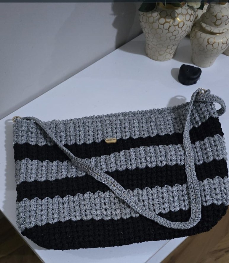 Gri Çizgili Örgü Kadın Çanta - Görsel 3