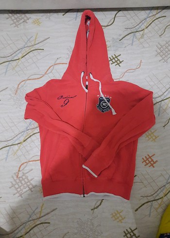 Kadın  Kırmızı Kapüşonlu Fermuarlı Sweatshirt - Görsel 2