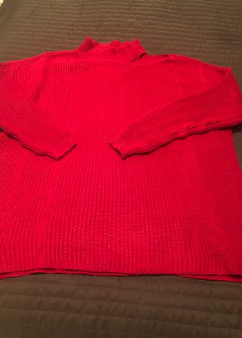 Kırmızı Yüksek Yakalı Örgü Kadın Kazak - Görsel 4