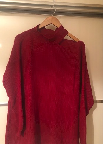 Kırmızı Yüksek Yakalı Örgü Kadın Kazak - Görsel 2