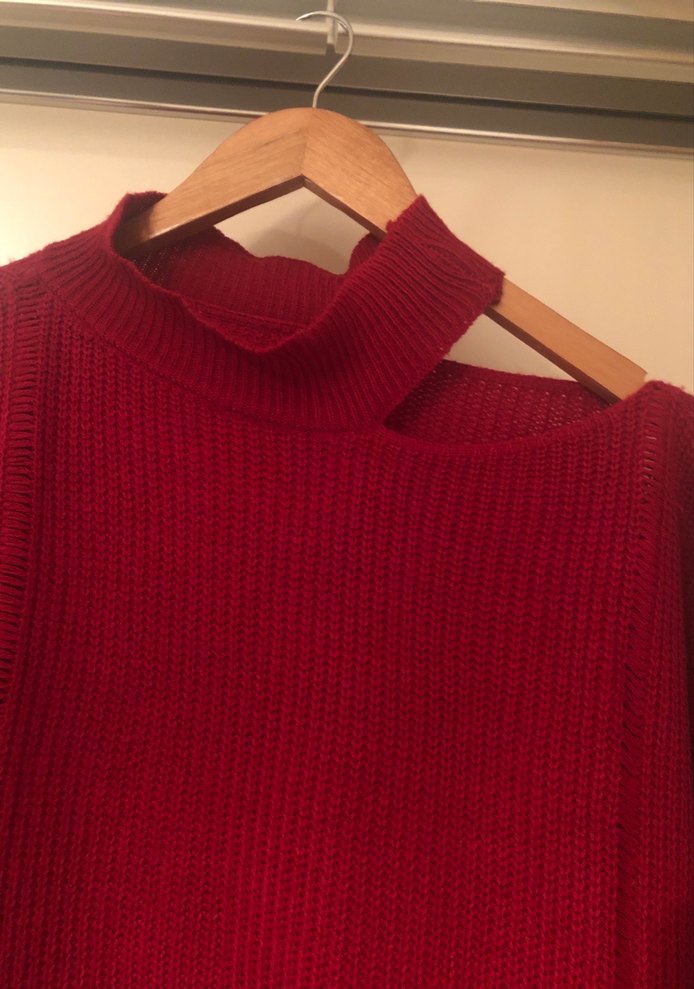 Kırmızı Yüksek Yakalı Örgü Kadın Kazak - Görsel 3