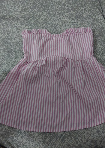 Pembe Çizgili Askısız Bluz straplez