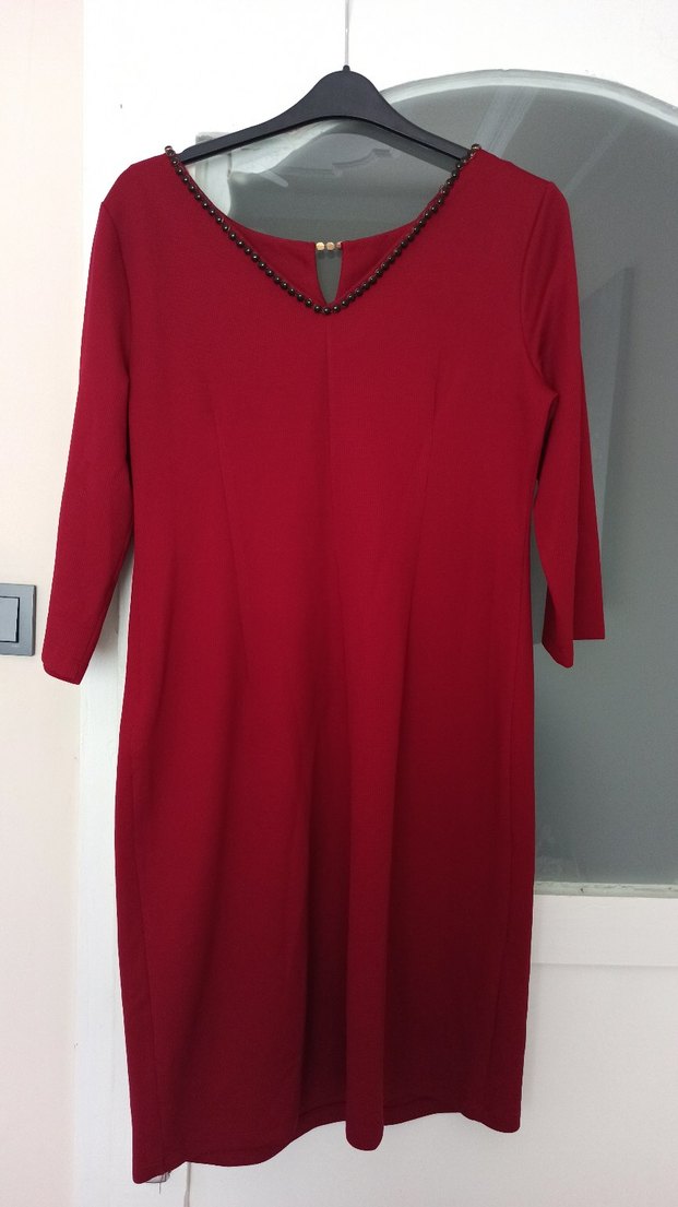 Kırmızı V Yakalı Midi Kadın Elbise - Görsel 4