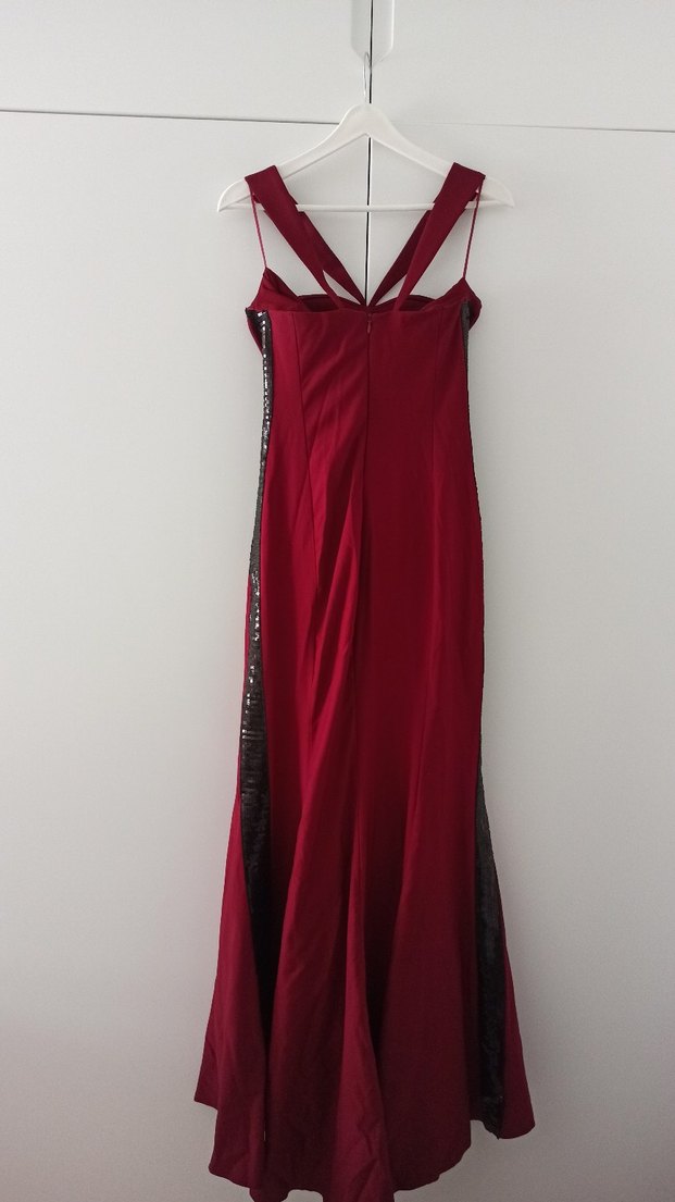 Bordo Drapeli Uzun Straplez Abiye Elbise - Görsel 3